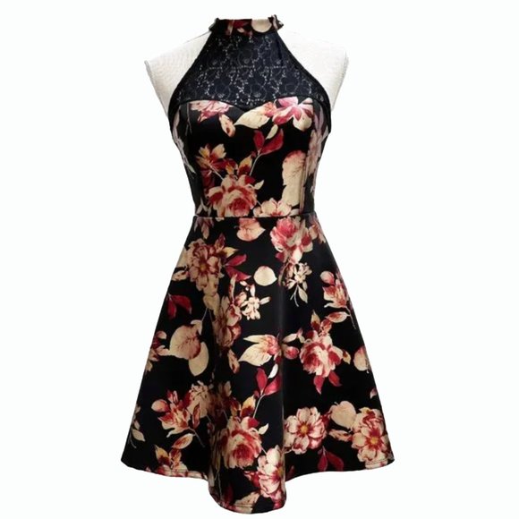 NWT Francesca's Lace and Satin Floral Fit and Flare Tea Length Halter Dress - Picture 1 of 16